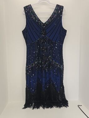 Beaded Navy Flapper Dress with Fringe